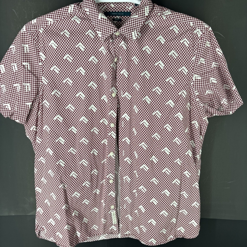 Perry Ellis Short Sleeve Houndstooth Chevron Red And White XL